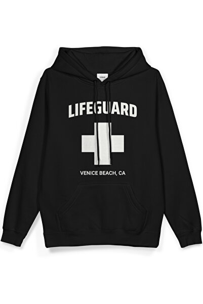 Overoz Lifeguard Printed Hooded Half Oversized Sweatshirt Black Hoodie 1410