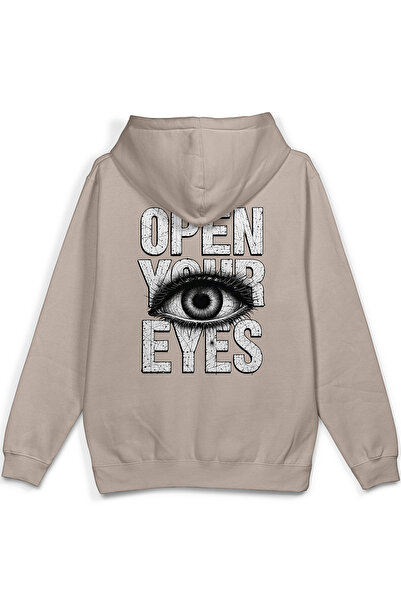 Overoz Open Your Eyes Göz Sırt Printed Hooded Yarı Oversized Sweatshirt Stone...
