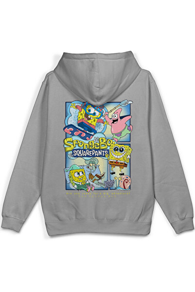 Overoz سويت شيرت سبونج باك مطبوع بغطاء رأس هودي رمادي مقاس كبير جدًا 1232