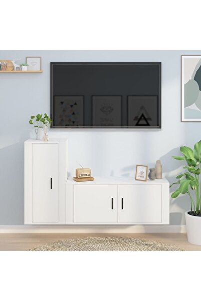 Concept Set dulap TV, 2 piese, alb, lemn prelucrat