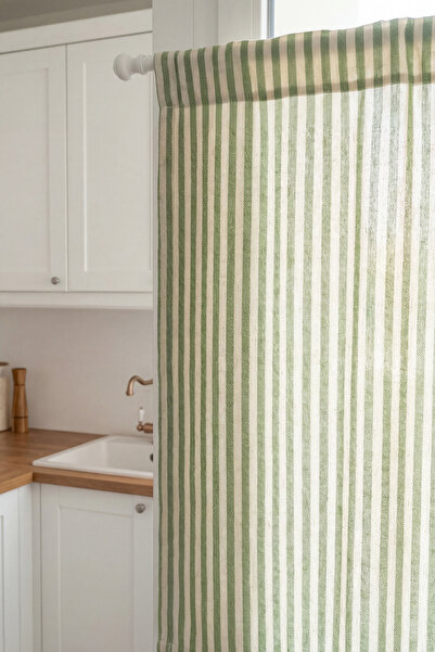 Kayasoft Yeşil Çizgili Keten Dokulu Fon Perde Kornişe Uygun Pilesiz Modern Dü...