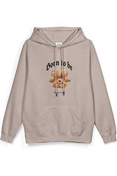 Overoz Teddy Bear Born to Be Different Printed Hooded Half Oversized Sweatshi...