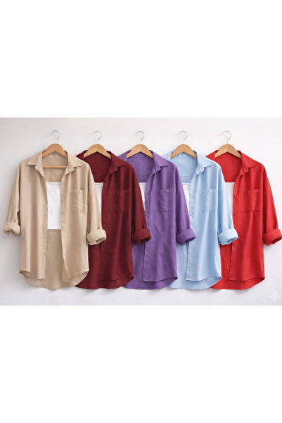 İnazuma Five-Pack Red Blue Purple Claret Red and Beige Linen Textured 100% Co...