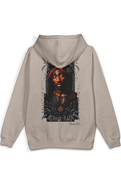 Overoz Tupac 2Pac Back Printed Hooded Half Oversized Sweatshirt Stone Color H...