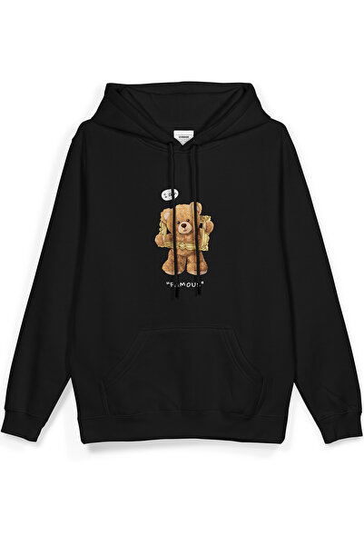 Overoz Teddy Bear I'M Famous Printed Hooded Half Oversized Sweatshirt Black H...