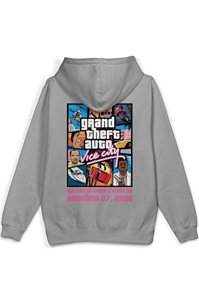 Overoz Gta Vice City Sırt Printed Hooded Yarı Oversized Sweatshirt Gray Hoodi...