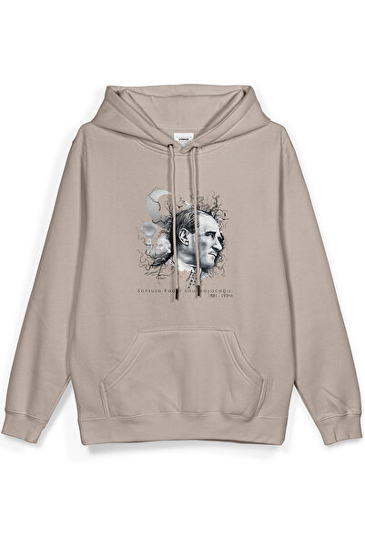 Overoz Atatürk Printed Hooded Half Oversized Sweatshirt Stone Color Hoodie 1236