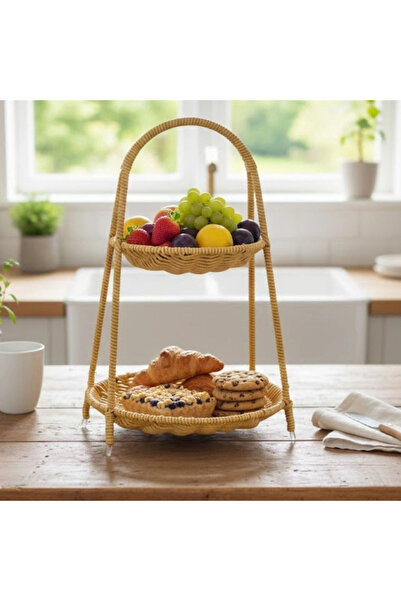 shopwave Plastik Rattan İki Katlı Sunumluk–Dekoratif Organizer, Mutfak Meyve,...