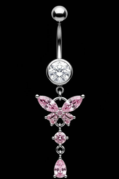 Blisse Piercing Kadın Gümüş Renk Pembe Kelebek Zirkon Taşlı Sallantılı Çelik ...