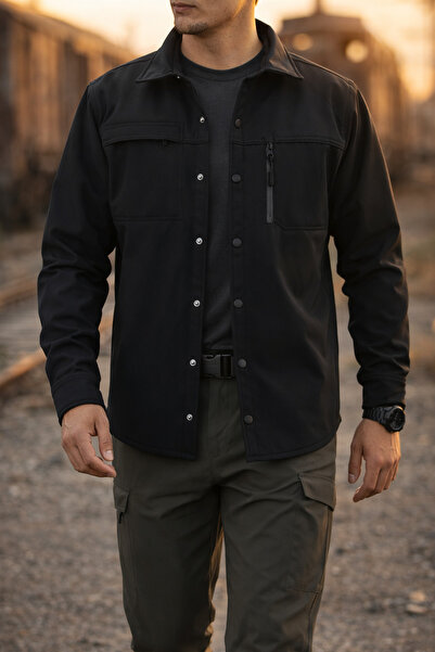 Souris Men's Black Slim Fit Softshell Shirt Jacket Water Repellent and Wind-R...