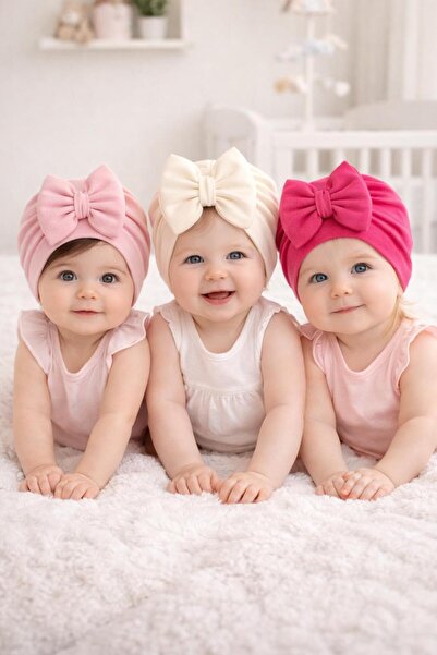 BYS BABY FASHION 3'Lü Yenidoğan Kız Bebek / Kız Çocuk Fiyonklu Çift Kat Bone ...