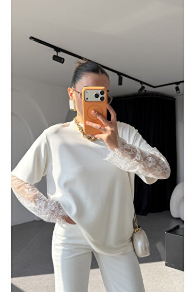 Perry Boutique Lace Sleeve Detail Basic T-Shirt