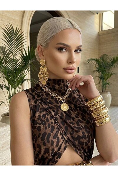 AURA MODİST Kadın Leopar Desenli Pencere Detaylı Drapeli Maxi Elbise