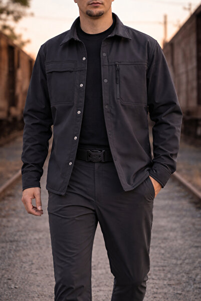 Souris Jachetă cămașă softshell pentru bărbați, gri închis slim fit Hidrofugă...