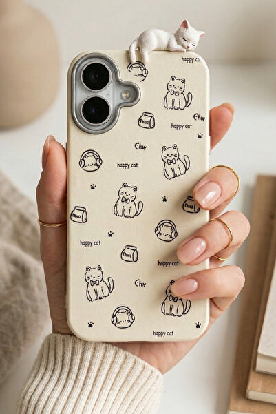 KVK PRİVACY iPhone 16 3D Uyuyan Kedi Figürlü Happy Cat Desenli Silikon Telefo...