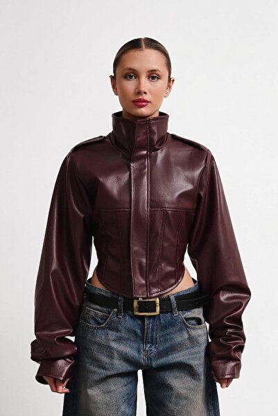 Jaglion New Season Mock Neck Biker Cropped Women's Claret Red Leather Jacket
