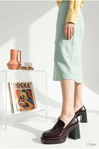 Mammamia Kadın Hakiki Deri Kırışık Rugan Platform Kalın Topuklu Klasik Ayakka...