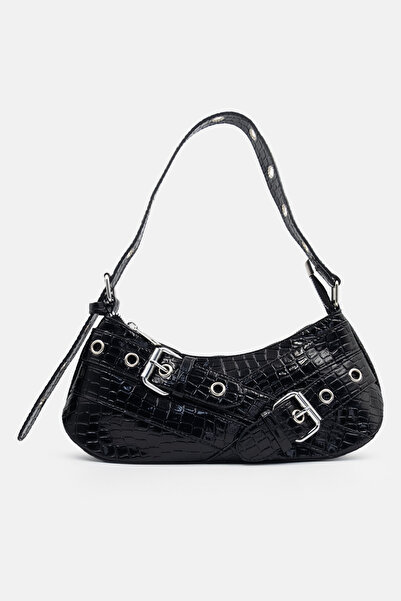 LikeMoon Geantă de umăr tip baguette, neagră, cu aspect de piele croka, cu ca...