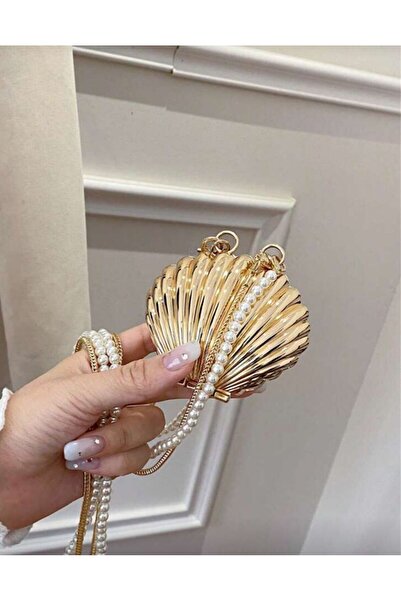 Novapia Kadın Deniz Kabuğu Formlu Metalik Abiye Çanta Zincir & İnci Askılı Şı...