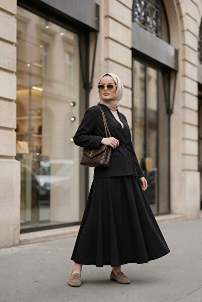 Aselim Hijap Moda Valencia Premium Textured Jacket Skirt Set Black