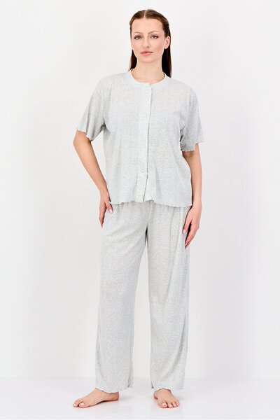 Forever 21 Women 2 Pieces Textured Top and Bottom Pajama Set, Grey