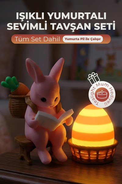 Decoroom Işıklı Yumurtalı Sevimli Tavşan Figürü - Ledli Dekoratif Masa Süsü