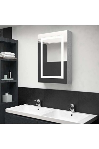 Concept Dulap de baie cu oglindă și LED, gri beton, 50x13x70 cm