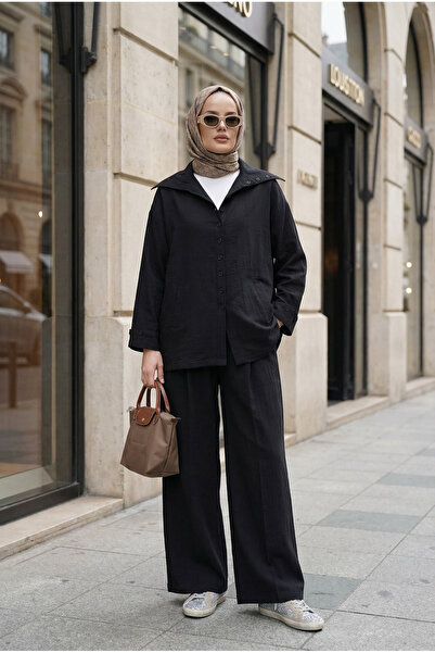 Aselim Hijap Moda Massimo Model Kupra Fabric Buttoned Shirt-Jacket Palazzo Pa...