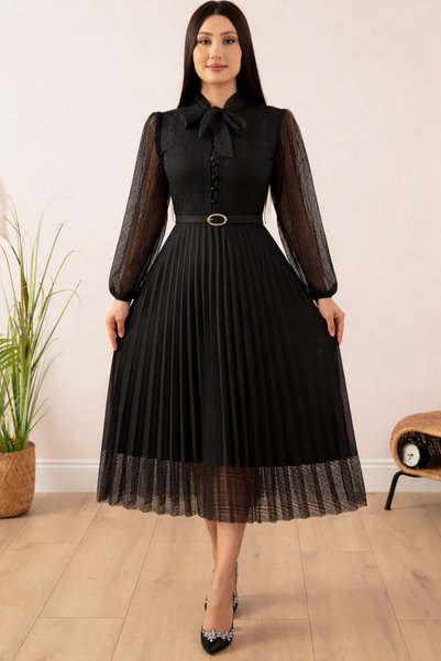 LİVATEX Lace Sleeves and Belt Skirts Pleated Dress