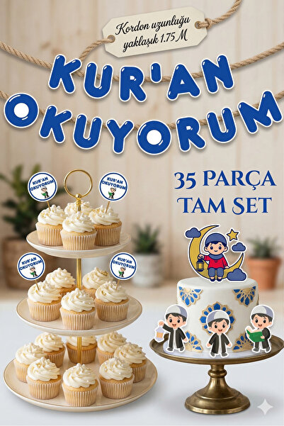 abjad 35 Parça Full Set Kız/Erkek Kuran Okuyorum Temalı Banner + Pasta Kürdan...