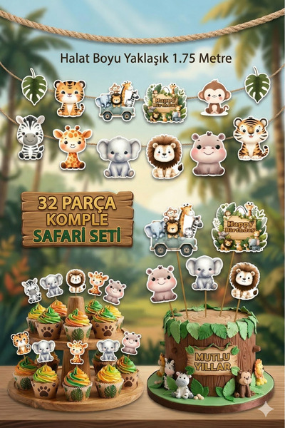 abjad Safari 32 Parça Safari Hayvanları Temalı Dev Set Doğum Günü Süsü Banner...