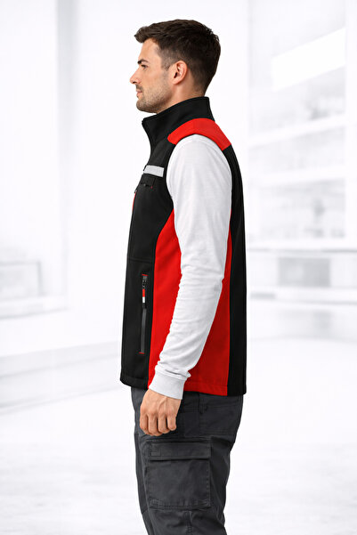 Önlem İş | Siyah Kırmızı Softshell Yelek Erkek Reflektörlü Çok Cepli İş Yeleği Outdoor