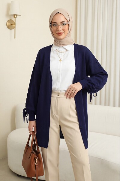 Modamorfo Knitted Cardigan with Braided Sleeves - Navy Blue