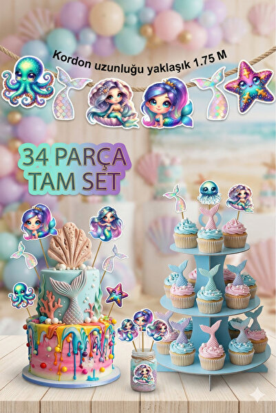abjad Kuromi54 Denizkızı Temalı 26parça Dev Set Doğum Günü Süsü Banner Pasta ...