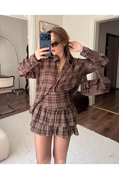FERZOLAİO Plaid Brown Shirt Skirt Set