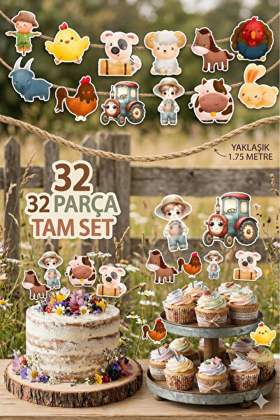 abjad 32 Parça Çiftlik Hayvanları Dev Doğum Günü Süsü Banner Pasta Kürdanı Cu...