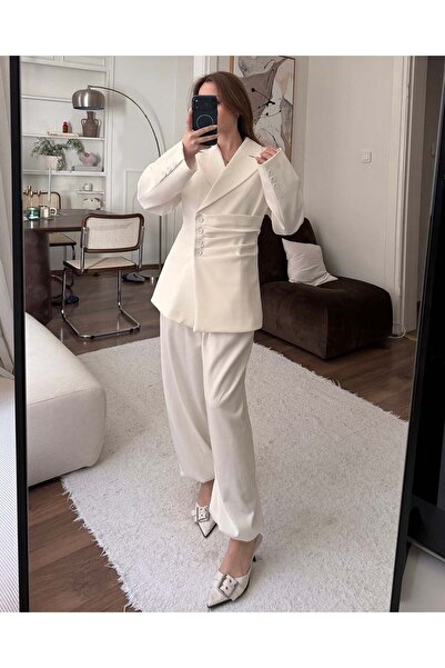 FERZOLAİO Bel Tie-Detail White Blazer Trousers Suit