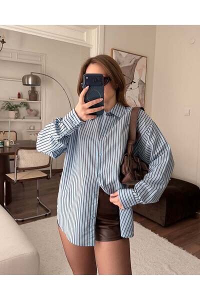 FERZOLAİO Brown Striped Blue Shirt