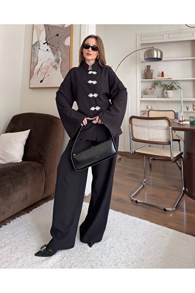 FERZOLAİO بدلة سوداء بياقة ماندارين وأزرار صينية