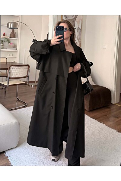 FERZOLAİO Oversized Belt Piece Long Black Trench Coat