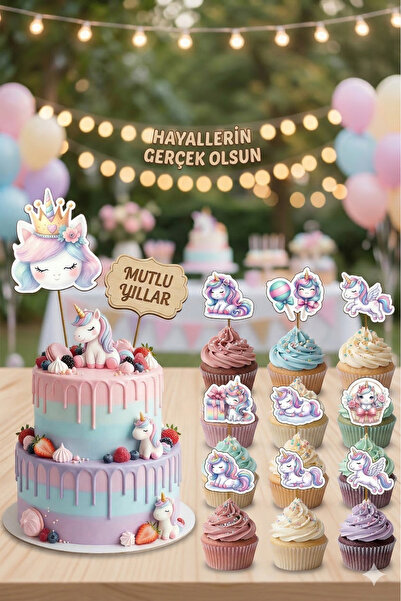 abjad Unicorn Tekboynuz Pasta Kürdanı 12parça Pasta Süsü ve Cupcake Pasta Kur...
