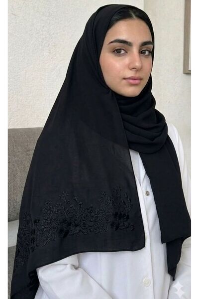 Veil Designer Black boubou scarf with embroidery on both ends and black rose ...