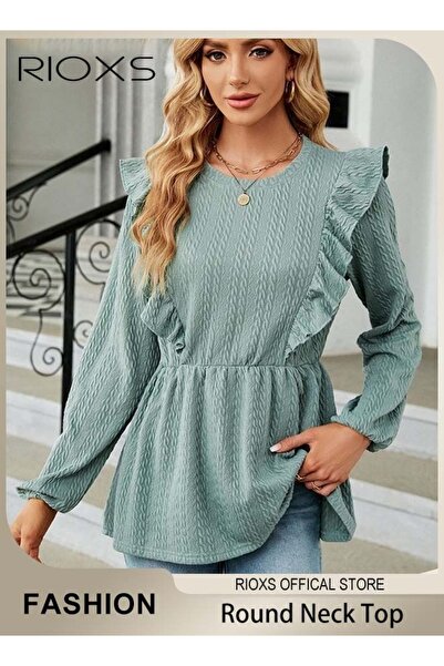 RIOXS Women's Round Neck High Waist Long Sleeve Blouse Shirt Pleated Stitchin...
