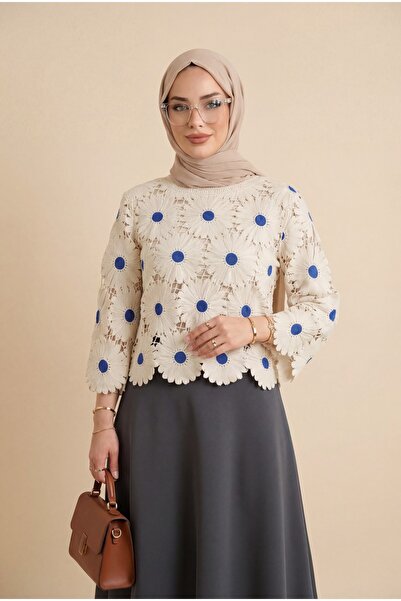 Modamorfo Kayık Yaka Papatya Patterned Knitwear Blouse - Cobalt
