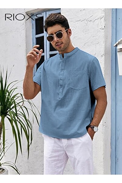 RIOXS Men's Short Sleeve Shirts, Casual Loose Fit Button-Up V-Neck Henley Shi...