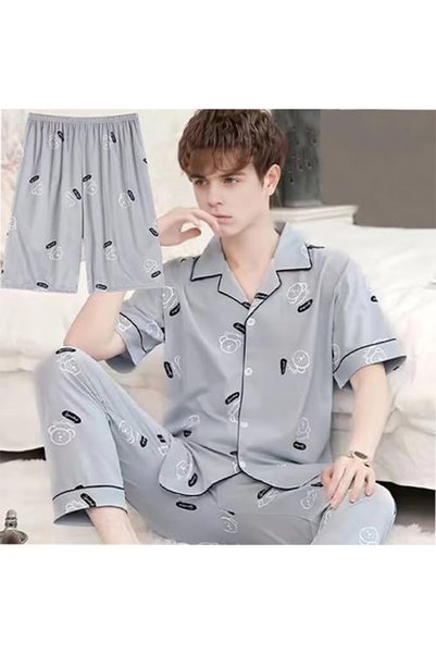 casme Plus Size Mens Pajamas Set, 3 Piece Soft Cotton Pajamas with Shorts Pants Short Sleeve Sleepwear