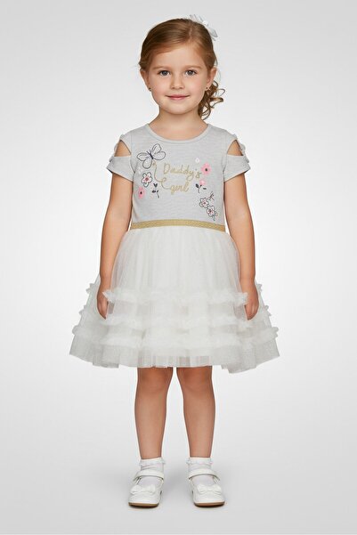 Young Hearts Toddlers Girl Graphic Print Short Sleeve Dress, Grey