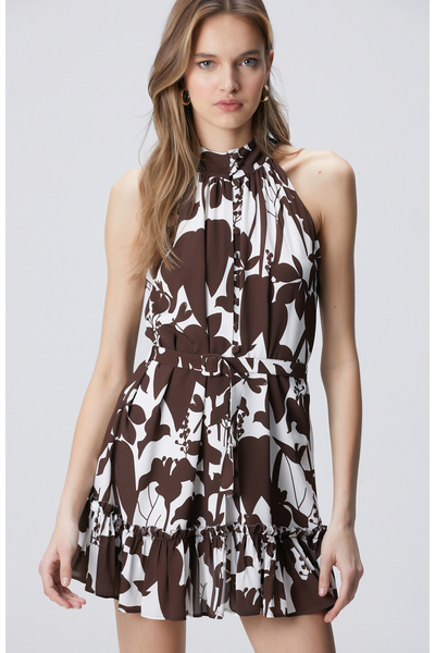 Network Ekru Kahverengi Desenli Mini Elbise