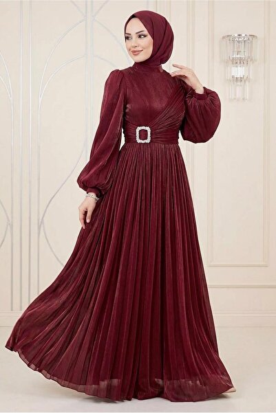 TRENDTESETTÜR KADIN BORDO ŞİFON ABİYE ELBİSE T 1563