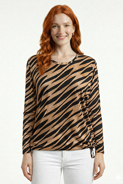 Neden Tekstil Women's Black Brown Zebra Patterned Long Sleeve Blouse